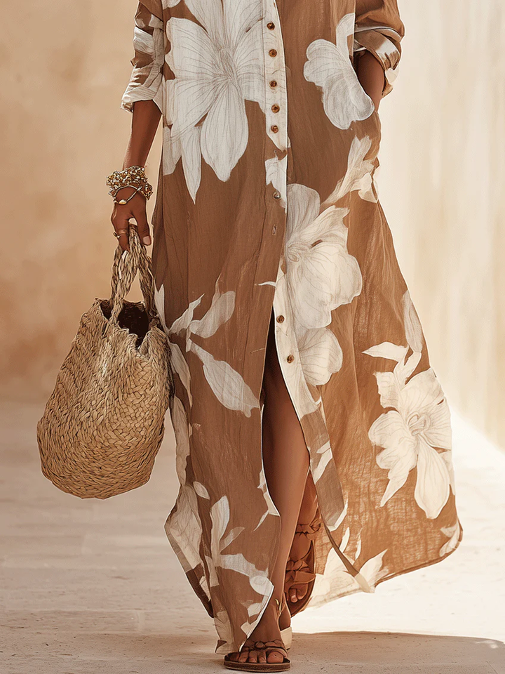 Asia | Chemisier lungo marrone con maxi stampa floreale