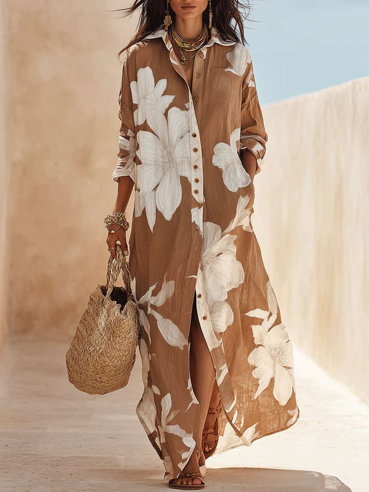 Asia | Chemisier lungo marrone con maxi stampa floreale