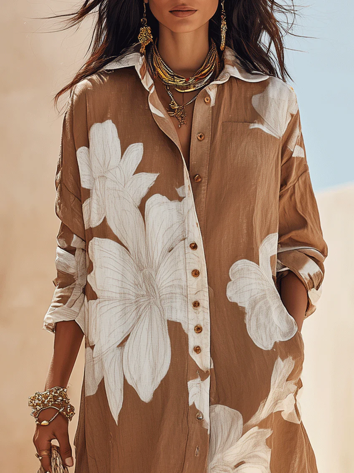 Asia | Chemisier lungo marrone con maxi stampa floreale