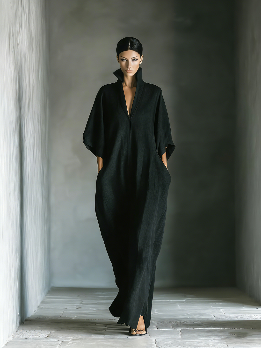 Lampedusa | Maxi abito nero con maniche a kimono e scollo a V