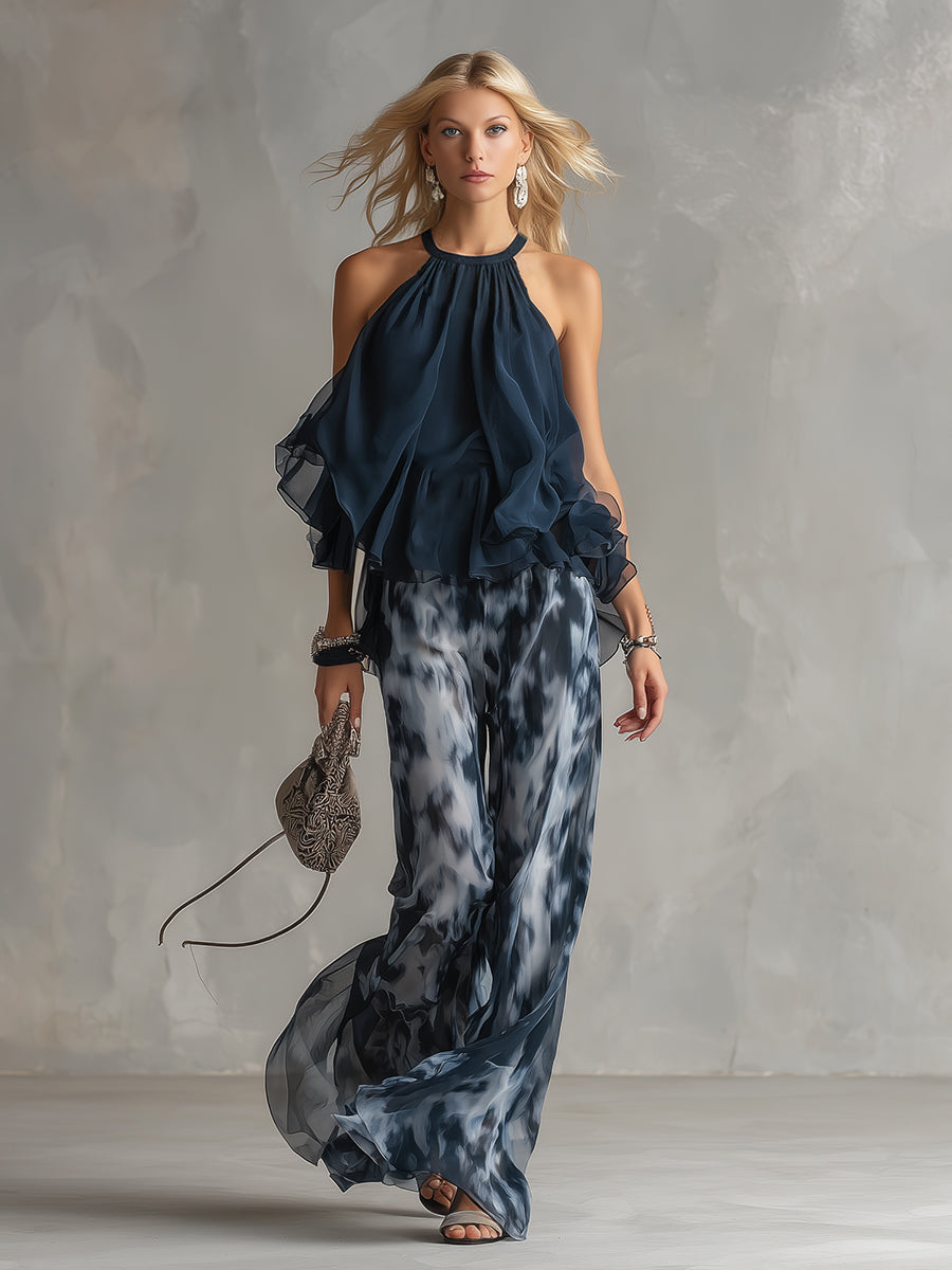 Marta | Completo blusa halter blu navy con pantaloni stampati