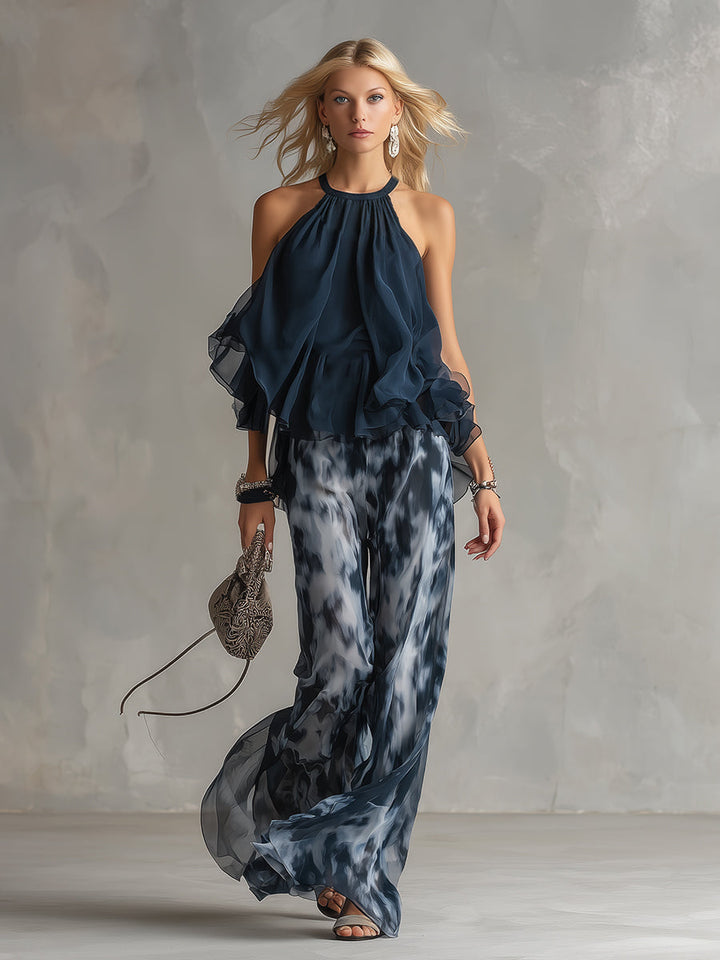 Marta | Completo blusa halter blu navy con pantaloni stampati