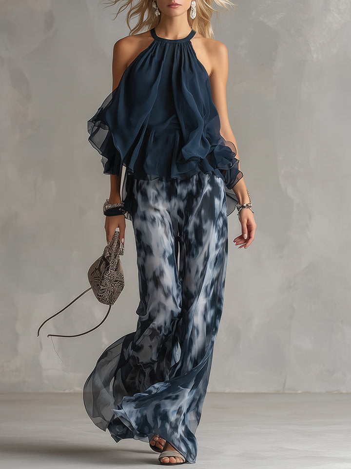 Marta | Completo blusa halter blu navy con pantaloni stampati