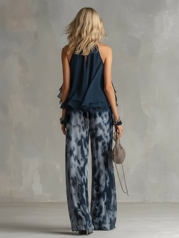 Marta | Completo blusa halter blu navy con pantaloni stampati