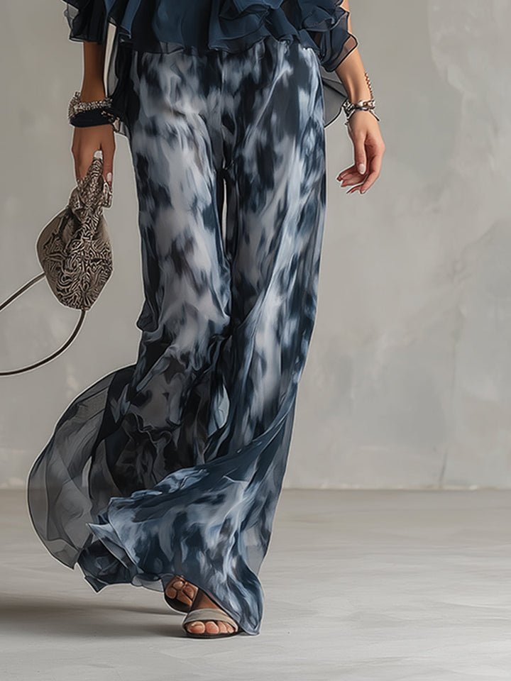 Marta | Completo blusa halter blu navy con pantaloni stampati