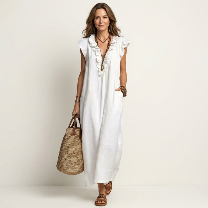 JESO | ELEGANTE ABITO LUNGO CON SCOLLO A V E RUFFLE
