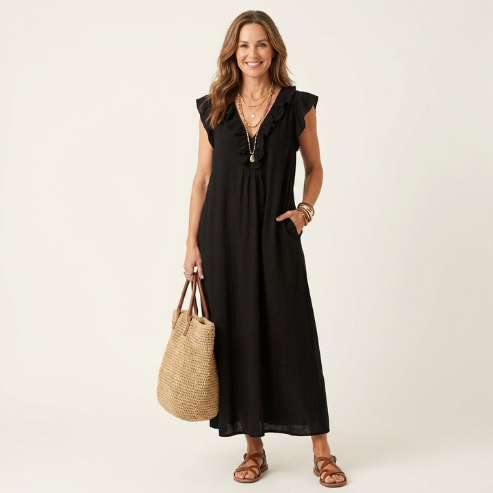 JESO | ELEGANTE ABITO LUNGO CON SCOLLO A V E RUFFLE