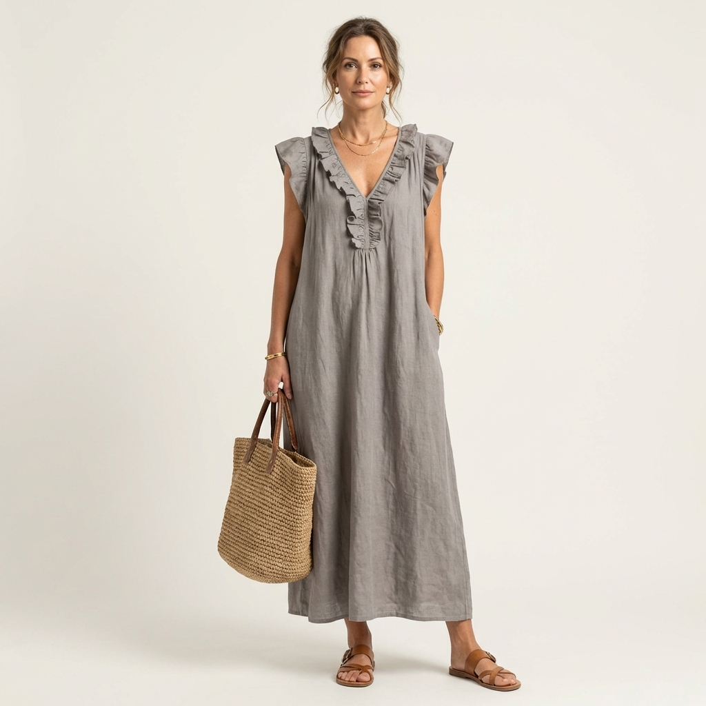 JESO | ELEGANTE ABITO LUNGO CON SCOLLO A V E RUFFLE