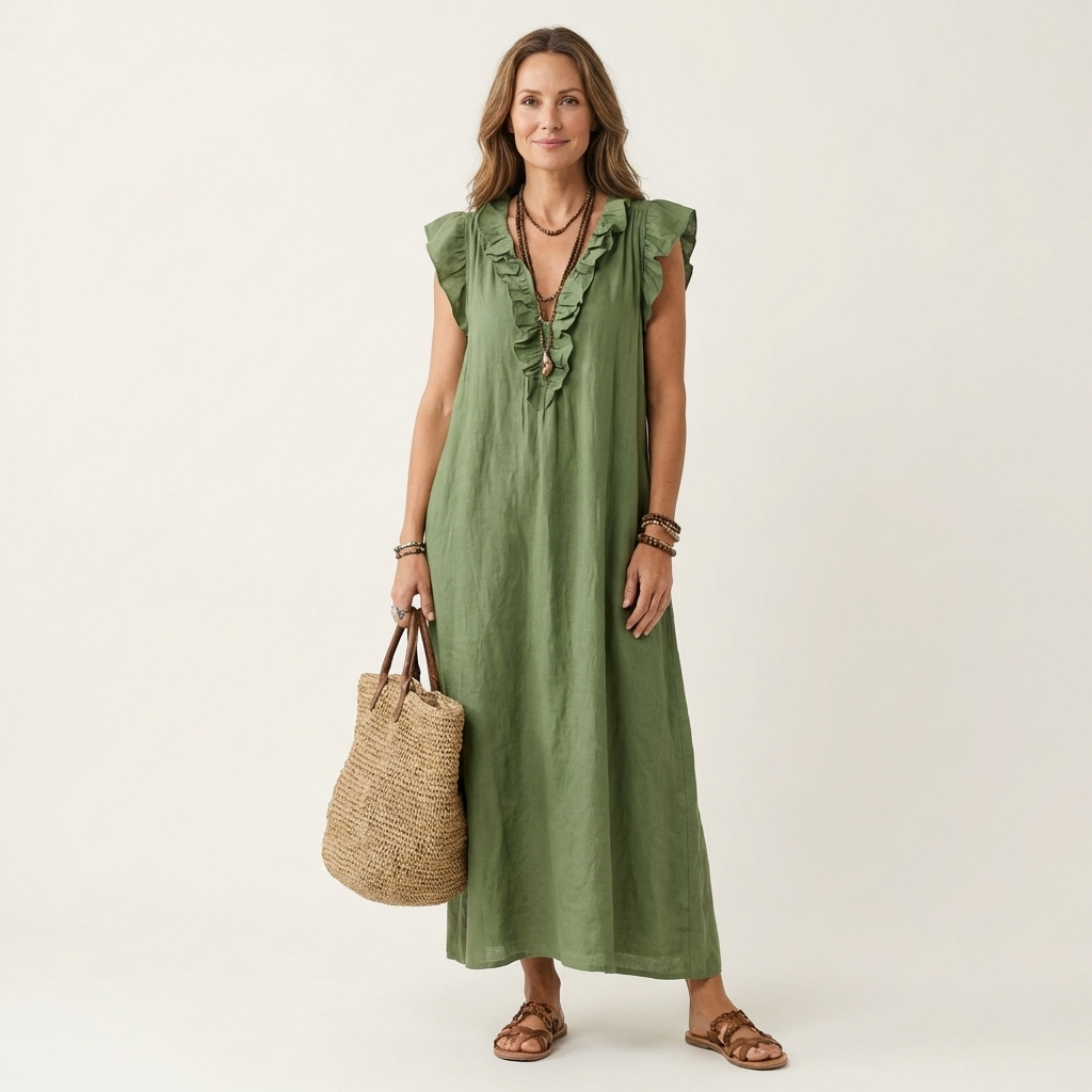 JESO | ELEGANTE ABITO LUNGO CON SCOLLO A V E RUFFLE