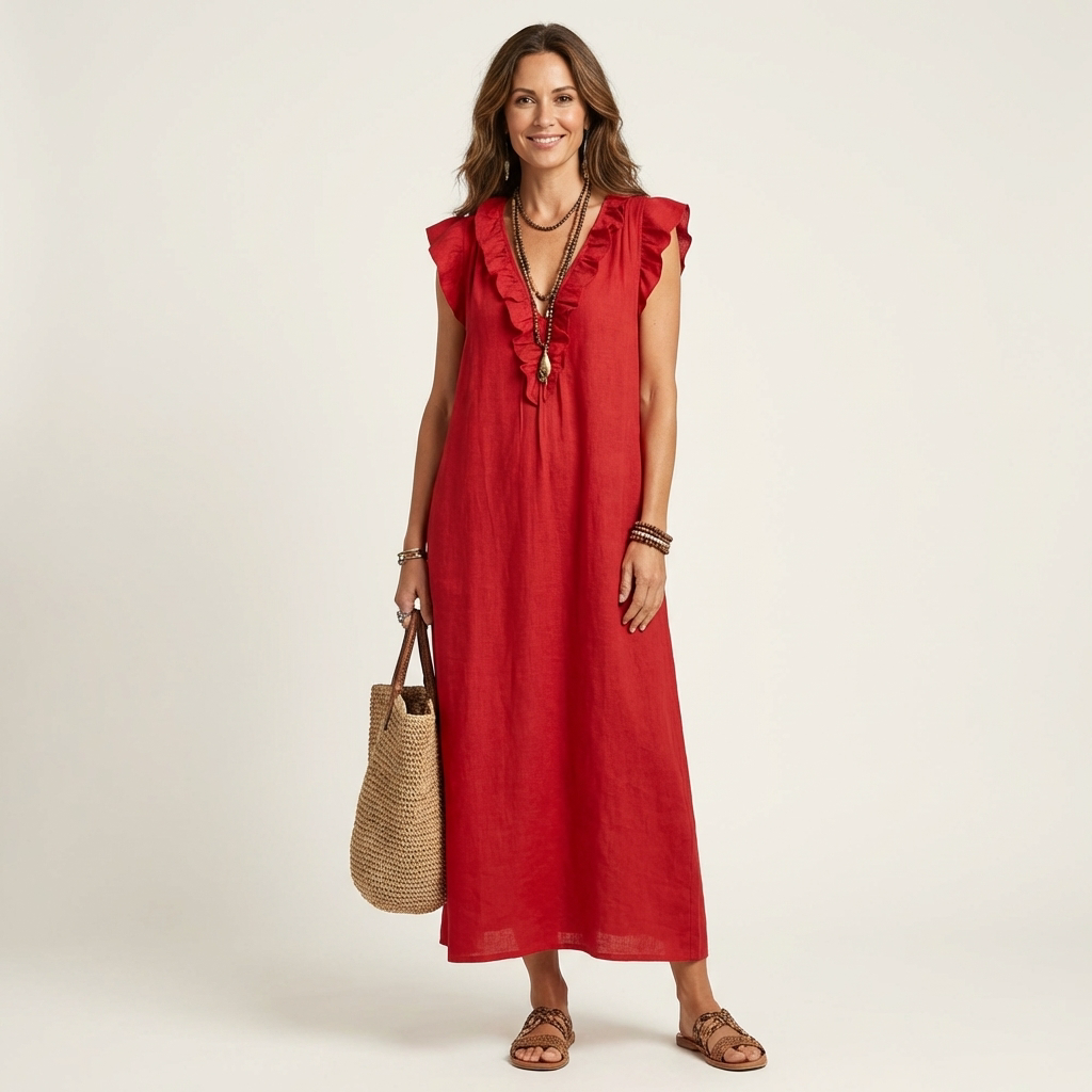 JESO | ELEGANTE ABITO LUNGO CON SCOLLO A V E RUFFLE