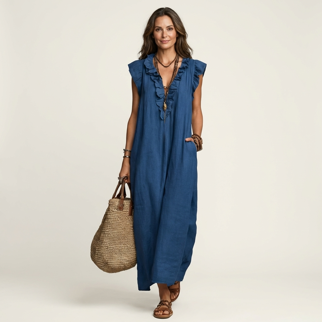JESO | ELEGANTE ABITO LUNGO CON SCOLLO A V E RUFFLE