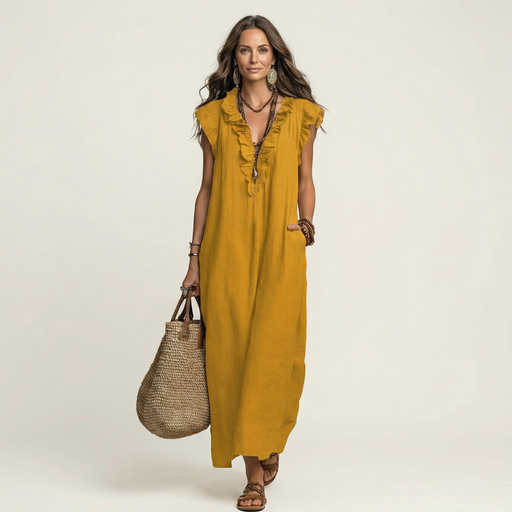 JESO | ELEGANTE ABITO LUNGO CON SCOLLO A V E RUFFLE