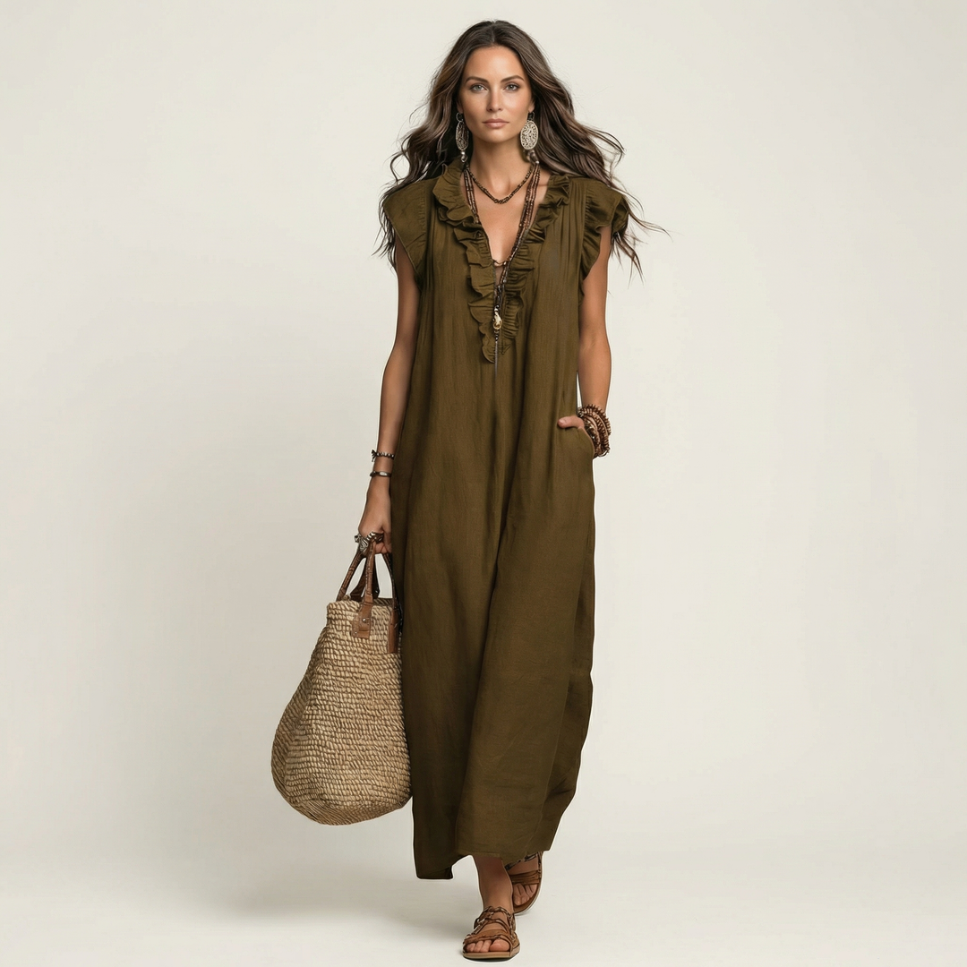 JESO | ELEGANTE ABITO LUNGO CON SCOLLO A V E RUFFLE
