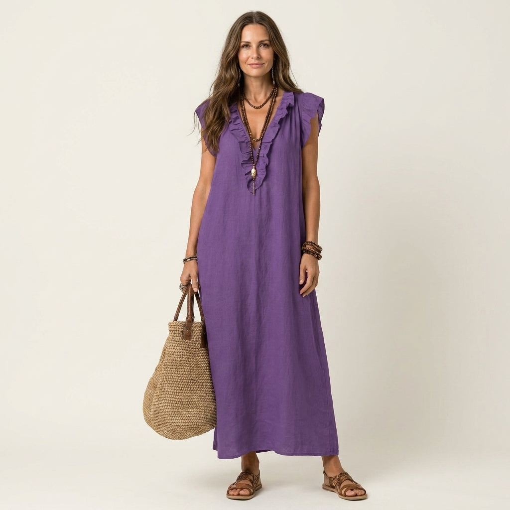 JESO | ELEGANTE ABITO LUNGO CON SCOLLO A V E RUFFLE