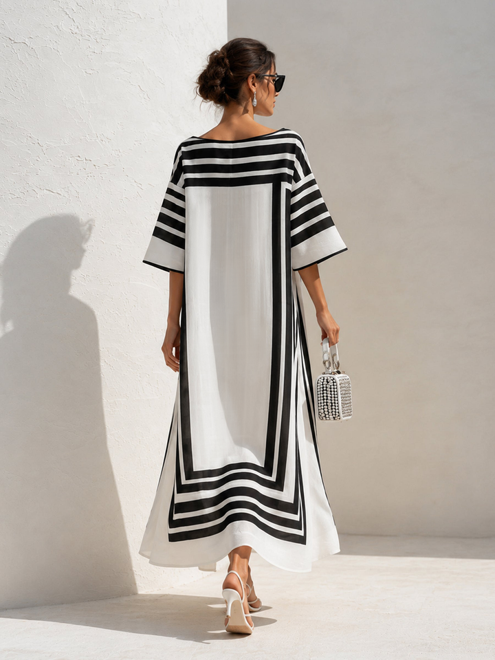 Lidia | Kaftan maxi a righe geometriche nero e bianco