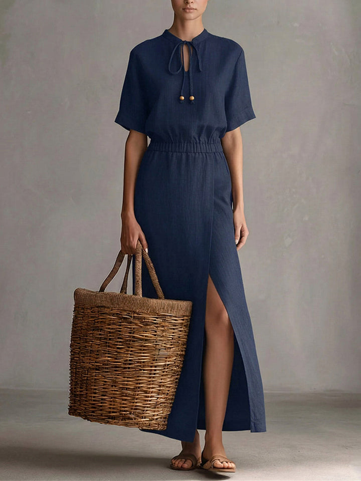 Salina | Abito lungo minimal chic con spacco e dettaglio allacciato