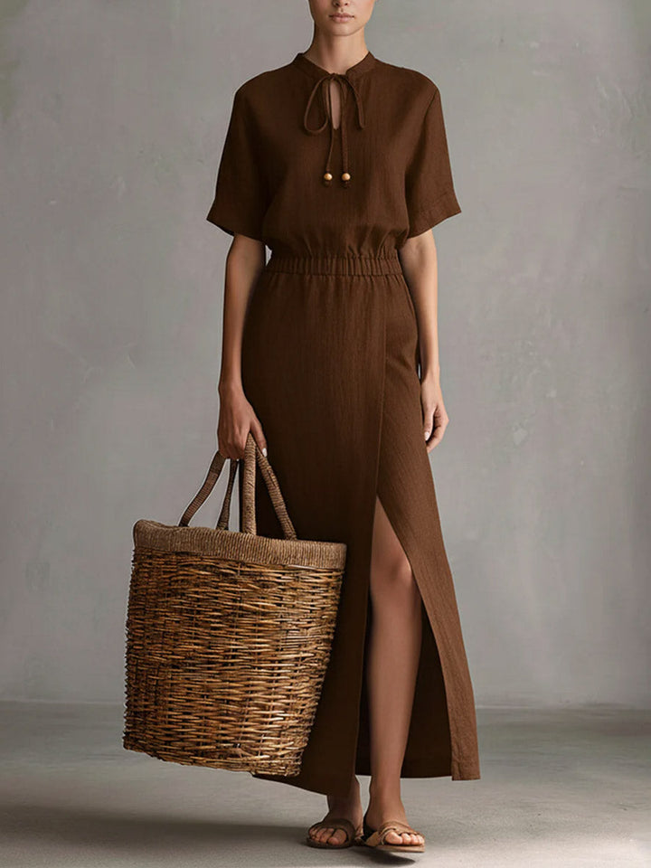 Salina | Abito lungo minimal chic con spacco e dettaglio allacciato