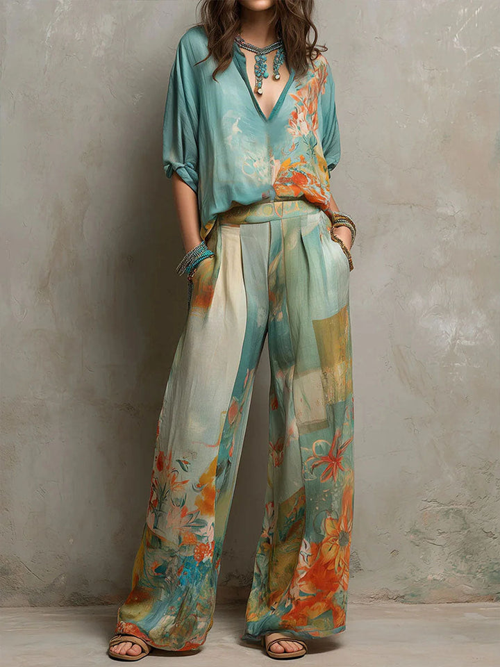 Riccione | Set elegante stampa floreale con pantalone ampio